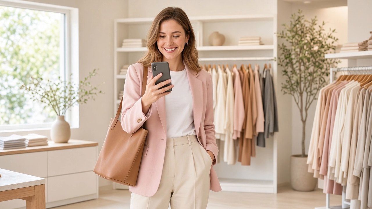 A woman in a blush blazer reads her wardrobe plan on her phone in a bright clothing store.