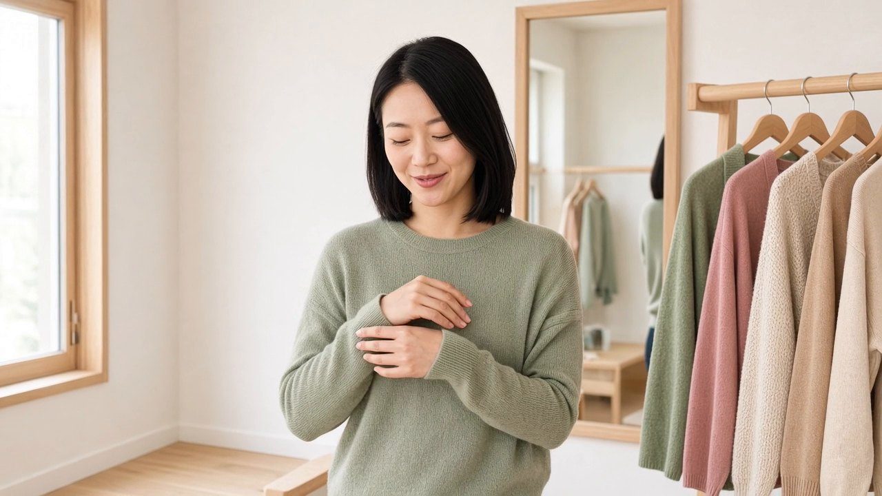 A woman in a soft sage sweater smiles, beside a rail of muted neutral clothing.