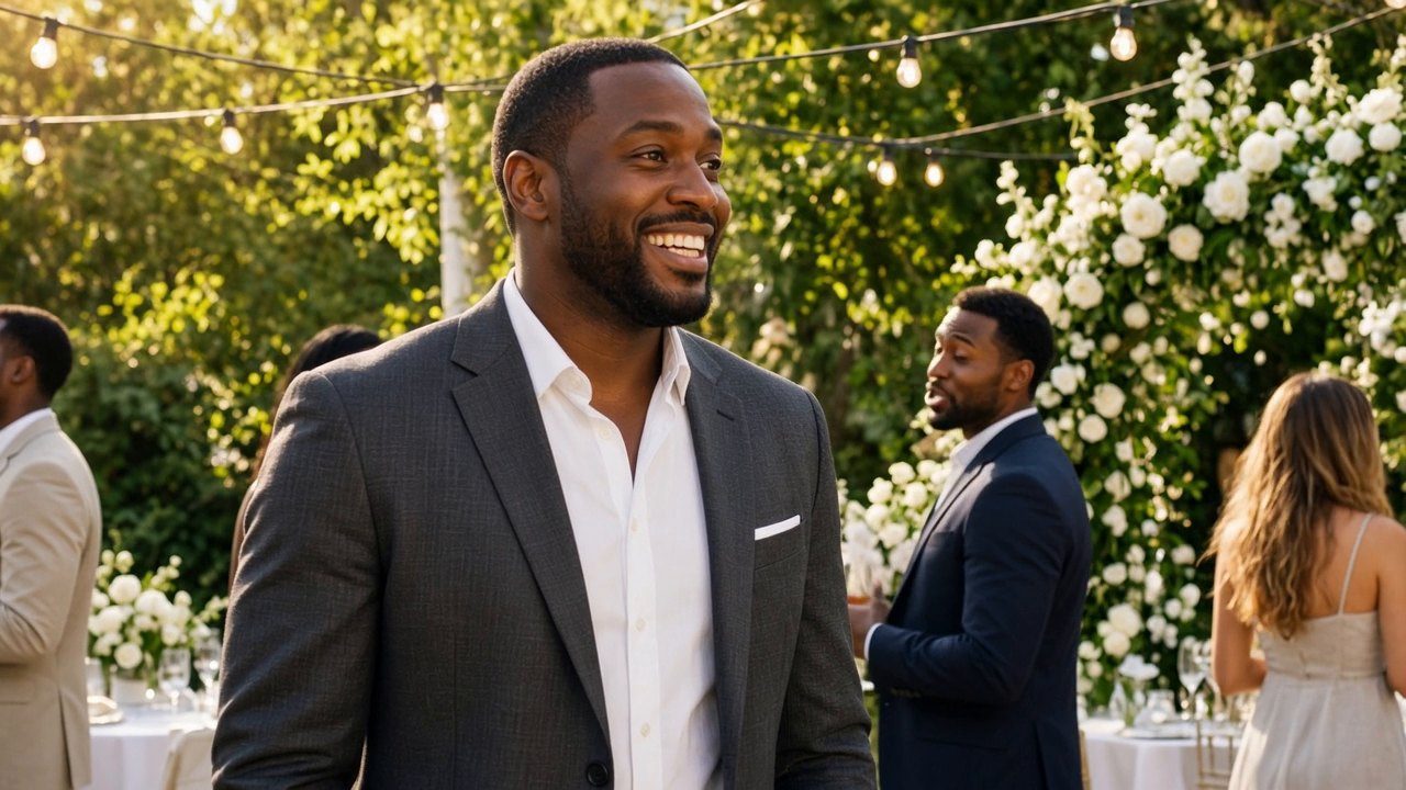 A smiling man in a charcoal suit at an outdoor wedding.